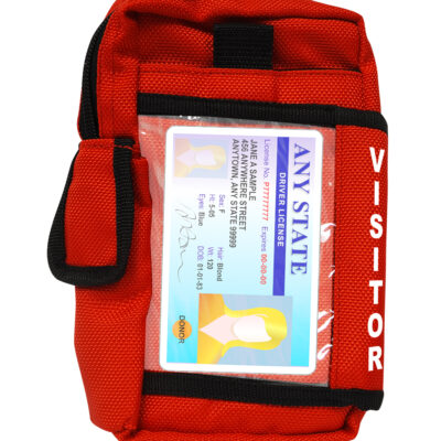 Small red emergency kit with a clear pocket showing an ID card inside, and a black strap across the front.