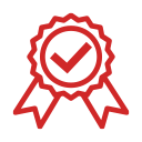 Red award badge with a checkmark indicating verification or approval