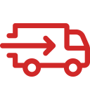Red delivery truck icon with a forward arrow indicating fast shipping