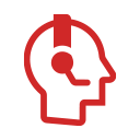 Red outline icon of a head wearing a headset, representing customer support