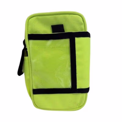 Bright green zippered pouch with black straps and a clear front pocket.